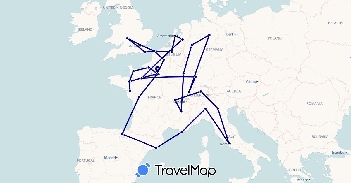 TravelMap itinerary: driving in Belgium, Switzerland, Germany, Spain, France, United Kingdom, Italy, Netherlands (Europe)